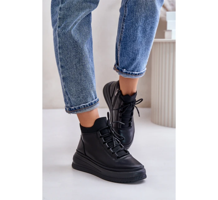 Lehké Kožené Sportovní Boty Na Platformě model 21673220 Černé - Artiker