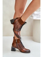 model 21677160 Kožené boty na podpatku zateplené hnědé - Zazoo