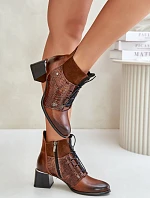 Zazoo 60503 Skórzane Botki Na Obcasie Ocieplane Brązowe