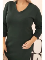 Dámska plus veľkosť sukňa maslo V-výstrih s rukávmi tmavozelená