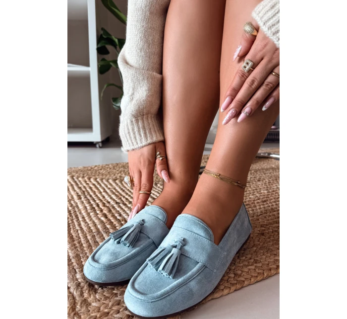 Dámské mokasíny s plochou podrážkou a třásněmi, modré Marilisse