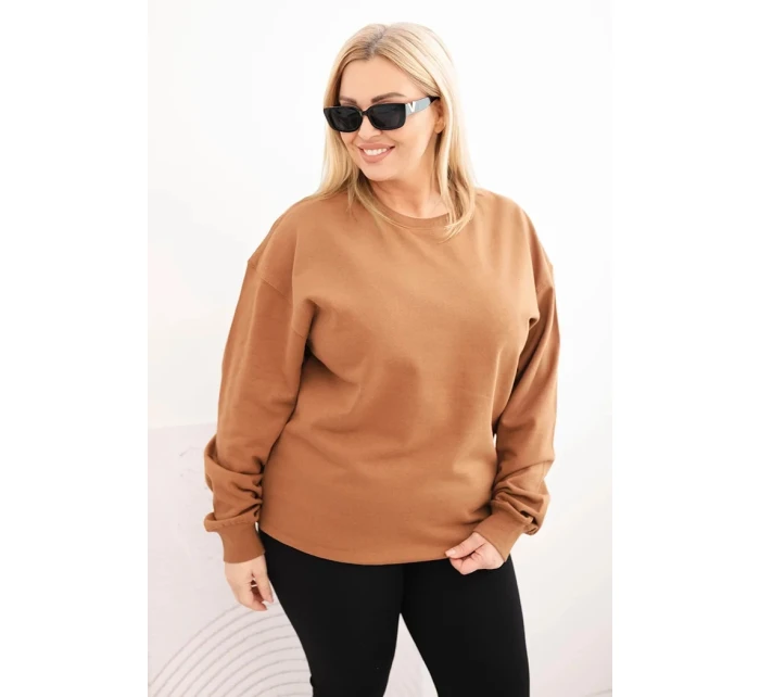 Dámská mikina Plus Size bavlněná basic s kulatým výstřihem camelová