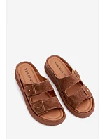 Kožené semišové dámské pantofle na platformě model 22126008 camel - VINCEZA