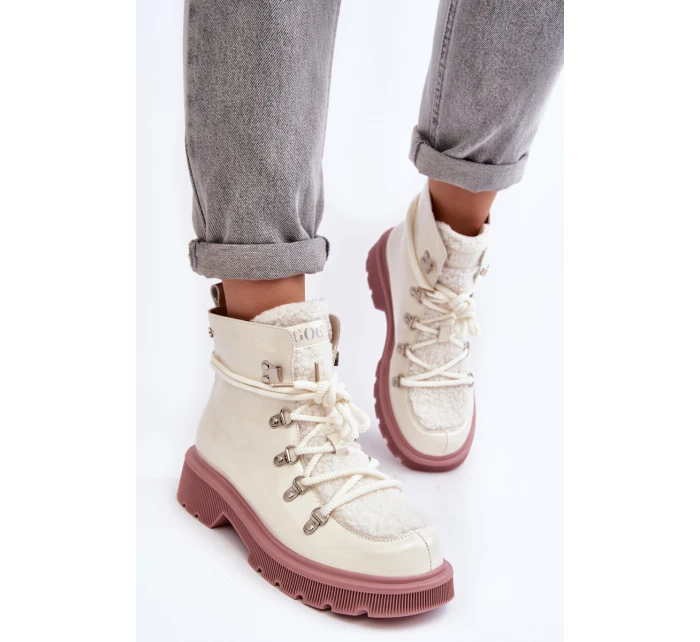 Lakierowane Skórzane Botki Trapery Damskie GOE MM2N4083 Białe