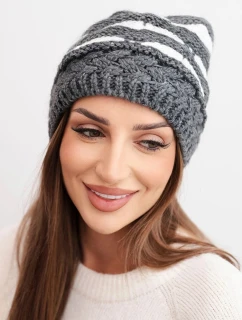Dámska zimná čiapka z vlny v hrubom úplete a pruhoch K465 graphite + white
