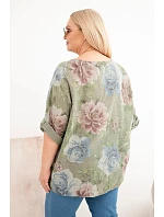 Dámská bavlněná halenka Plus Size s krátkým rukávem a květinovým vzorem khaki Dámská bavlněná halenka Plus Size s krátkým rukávem a květinovým vzorem khaki