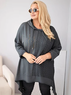 Dámska bavlnená mikina Plus Size s kapucňou a pleteným prvkom, grafitová