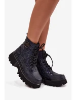 Kožené dámské boty na platformě s nápisy a ozdobným detailem model 21712061 tmavě modré - Artiker