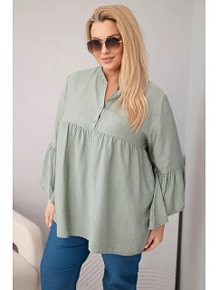 Dámská viskózová halenka Plus Size s model 22043144 rukávem a výstřihem do V khaki - K-Fashion