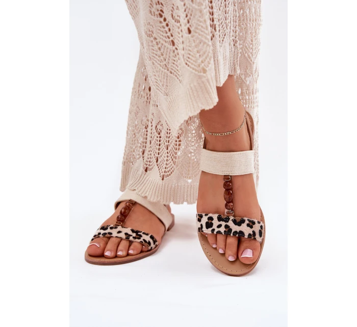 Płaskie Sandały Damskie Z Koralikami Panterka Beżowe Virona Płaskie Sandały Damskie Z Koralikami Panterka Beżowe Virona