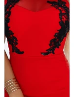 617-3 Dlhé šaty s čiernou čipkou a sieťovinou - ČERVENÉ