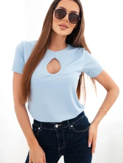 Dámská viskózová žebrovaná halenka s ozdobným u modrá model 22025274 - K-Fashion