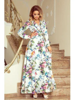 Dámske maxi šaty s volánikom, výstrihom a so vzorom farebných ruží a svetle modrých vtáčikov model 7404387