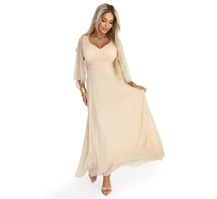 Dlouhé lehké třpytivé šaty s výstřihem a rukávy barva model 21955156 - numoco basic Dlouhé lehké třpytivé šaty s výstřihem a rukávy barva model 21955156 - numoco basic