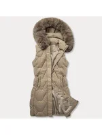 Béžová dámska vesta s kapucňou a kožušinovým lemom J Style (16M9172-62)