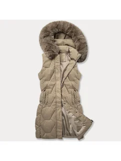 Béžová dámska vesta s kapucňou a kožušinovým lemom J Style (16M9172-62)