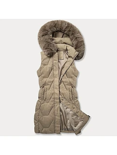 Dámska bunda bez rukávov s kožušinou na kapucni J Style béžová (16M9172-62)