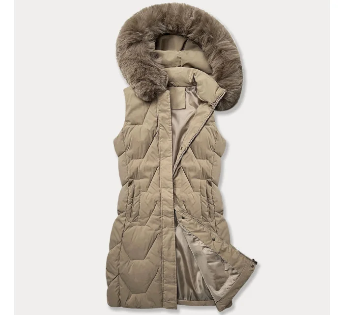 Béžová dámska vesta s kapucňou a kožušinovým lemom J Style (16M9172-62)