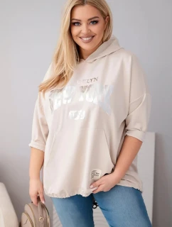 Dámská mikina plus size z viskózy s kapucí a klokaní kapsou béžová