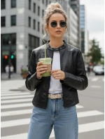 Dámska kožená bunda so stojačikom čierna FashionStreet TY5568