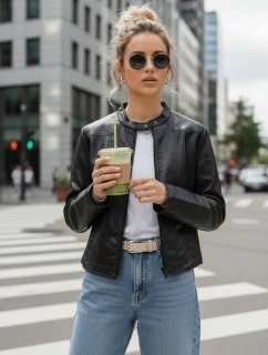 Dámska kožená bunda so stojačikom čierna FashionStreet TY5568