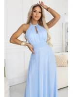 Elegantní maxi večerní šaty na ramínka s a zavazováním v pase modré model 22004204 - numoco basic Elegantní maxi večerní šaty na ramínka s a zavazováním v pase modré model 22004204 - numoco basic