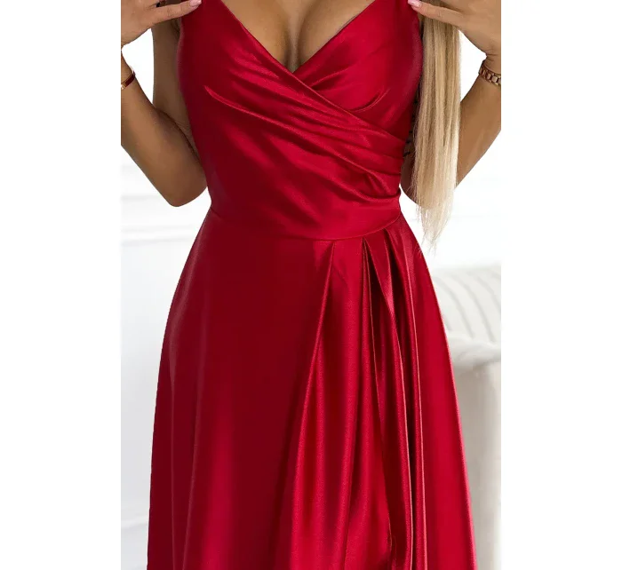 CHIARA Elegantní červené dlouhé dámské saténové maxi šaty na ramínkách model 18947471 - numoco