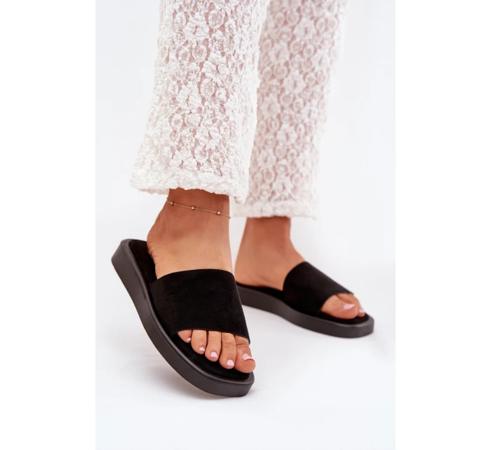 Klapki Damskie Na Platformie Z Eko Zamszu Czarne Jorina Klapki Damskie Na Platformie Z Eko Zamszu Czarne Jorina