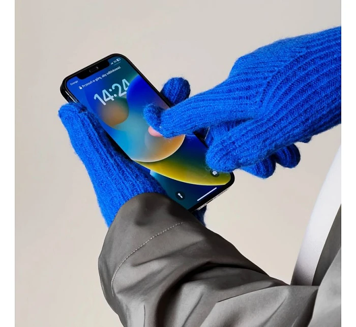 Pletené rukavice na telefón s výrezom na prst - modré