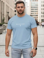 Modré pánske bavlnené tričko BLESSED s potlačou FashionStreet NX5124R