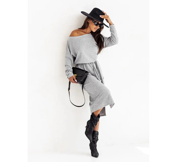 Elegantní šedé dámské midi šaty s páskem model 20524331 - Moon