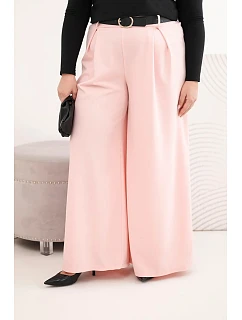 Dámské kalhoty Plus Size s širokou nohavicí a páskem pudrově růžové