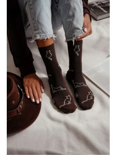 Skarpetki Damskie Bawełniane Kontury Kota Czekoladowe