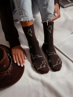 Skarpetki Damskie Bawełniane Kontury Kota Czekoladowe