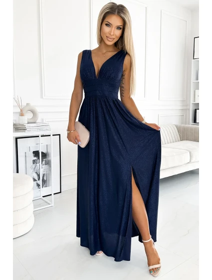 Tmavě modré dlouhé dámské šaty s výstřihem a v pase model 18790298 - numoco
