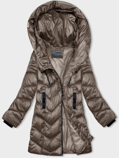 Tmavo béžová dámska zimná bunda s asymetrickým zipsom (B8167-12)