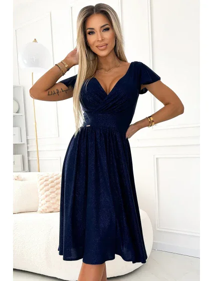 425-8 MATILDE Šaty s výstrihom a krátkymi rukávmi - GRANITE s trblietkami