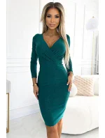387-7 Priliehavé šaty s dlhými rukávmi a obálkovým výstrihom - ZELENÉ s trblietkami 387-7 Priliehavé šaty s dlhými rukávmi a obálkovým výstrihom - ZELENÉ s trblietkami