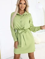 284-3 CAMILLE Košeľové šaty s vreckami a kravatou - OLIVE