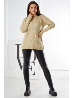 Sveter nasadený cez hlavu s módnou väzbou béžový