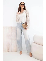 Dámsky bavlnený čipkovaný sveter s dlhými rukávmi béžovej farby