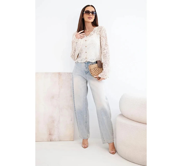 Dámsky bavlnený čipkovaný sveter s dlhými rukávmi béžovej farby