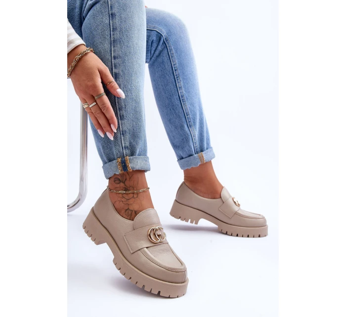 Damskie Półbuty Skórzane Z Ozdobą Beżowe Rosefalls