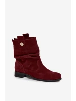 Skórzane Zamszowe Botki Damskie Z Marszczeniem Ocieplane Zazoo 4210 Bordowe