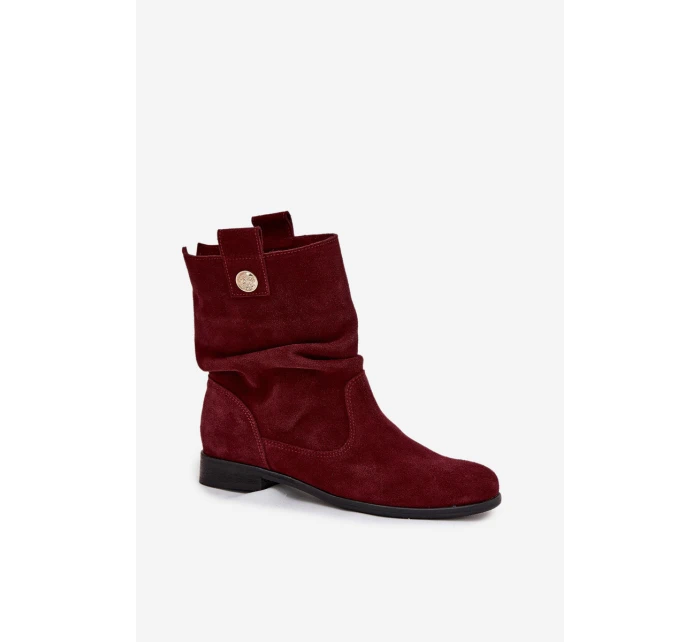 Skórzane Zamszowe Botki Damskie Z Marszczeniem Ocieplane Zazoo 4210 Bordowe
