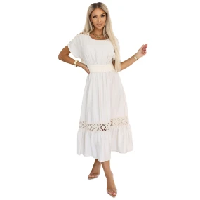model 21214378 Jemné šaty v boho stylu s prolamovanými vsadkami ecru barva - numoco basic