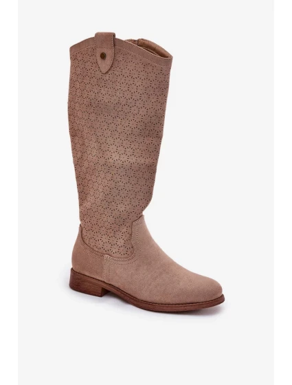 Dámske čižmy na nízkom podpätku s perforovaným vzorom S.Barski - béžové, ekokoža