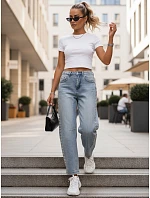 Dámske džínsy balónového strihu s ozdobnými nitmi modré UY2983