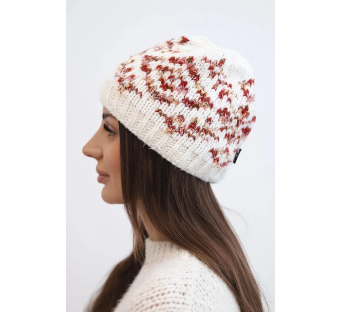 Dámska zimná čiapka s farebnými vzormi a hrubým nákrčníkom K353 biela+červená