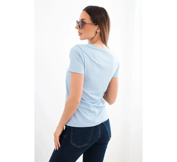 Dámská viskózová žebrovaná halenka s ozdobným u modrá model 22025274 - K-Fashion